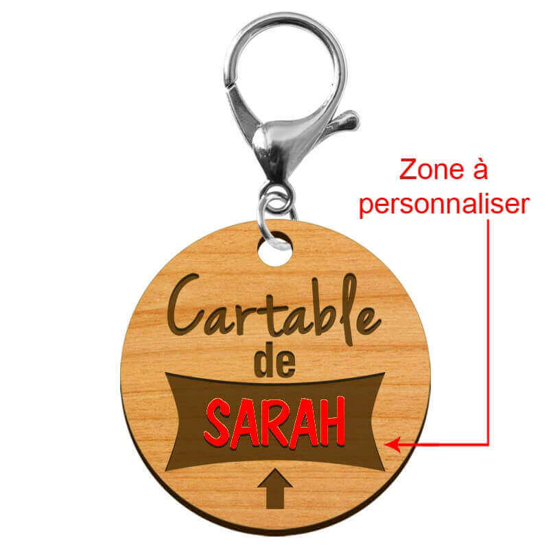 Porte clé prénom enfant cartable à personnaliser mousqueton argenté