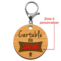 Porte clé prénom enfant cartable à personnaliser mousqueton argenté
