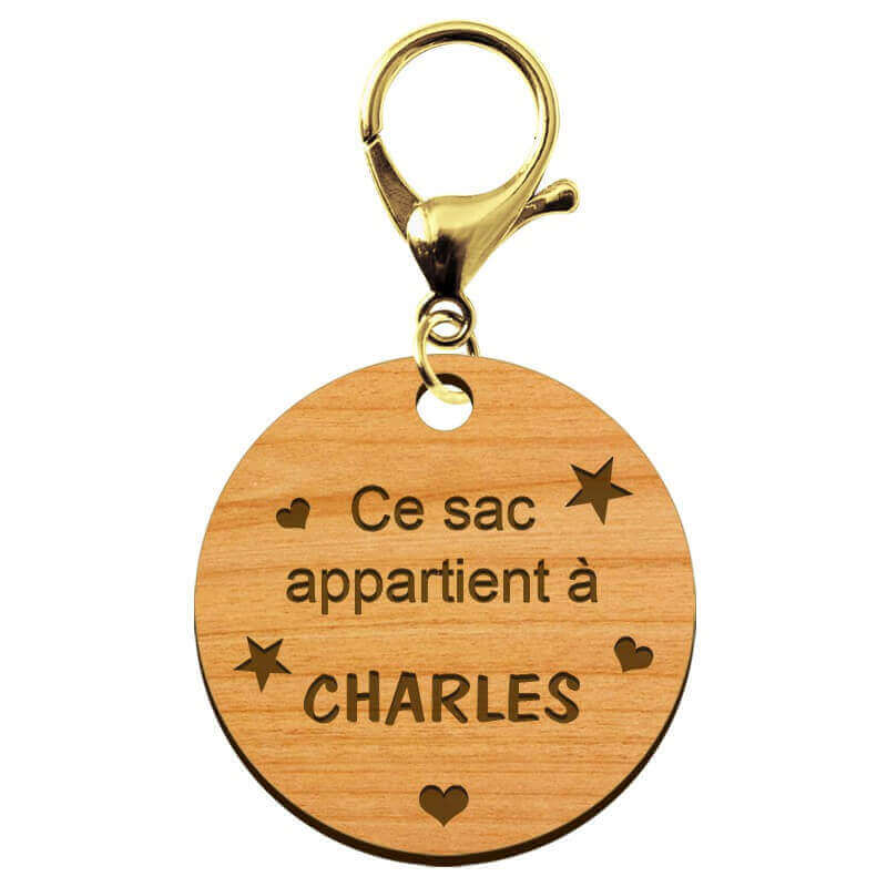 Porte-clé scolaire "Ce sac appartient à..." en bois à personnaliser mousqueton doré