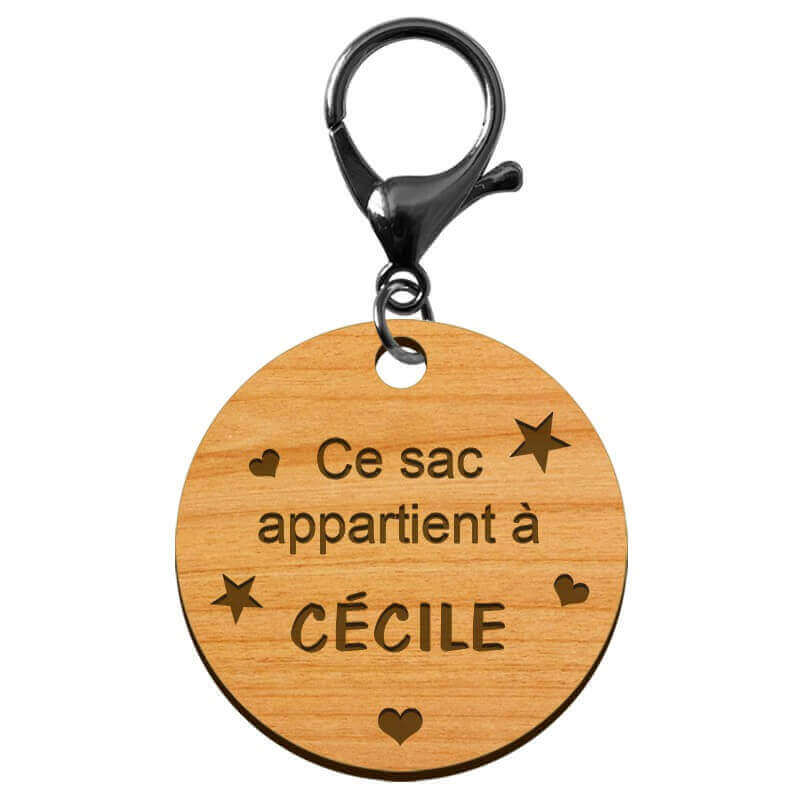 Porte-clé scolaire "Ce sac appartient à..." en bois à personnaliser mousqueton noir