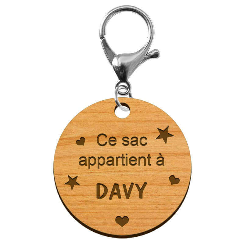 Porte-clé scolaire "Ce sac appartient à..." en bois à personnaliser mousqueton argenté