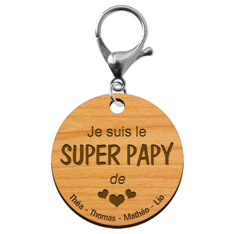 Porte-clé Super PAPY personnalisé en bois "Je suis le SUPER PAPY de..." mousqueton argenté
