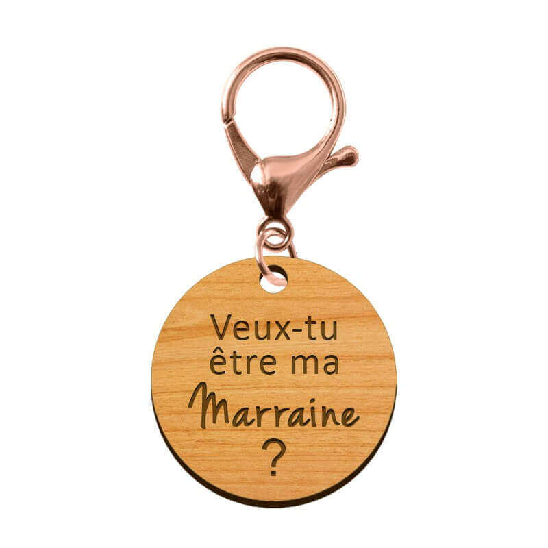 Porte clef en bois - Veux-tu être ma Marraine avec un mousqueton rose métallique