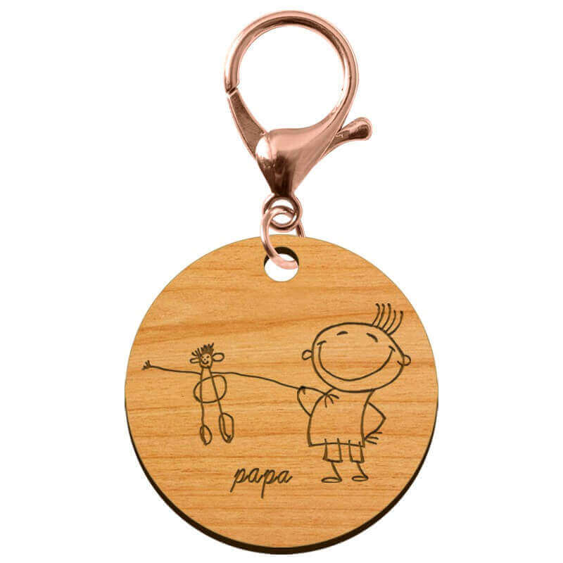 Porte-cléf dessin personnalisé rond en bois 50 mm avec un mousqueton de couleur rose métallique