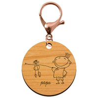 Porte-cléf dessin personnalisé rond en bois 50 mm avec un mousqueton de couleur rose métallique