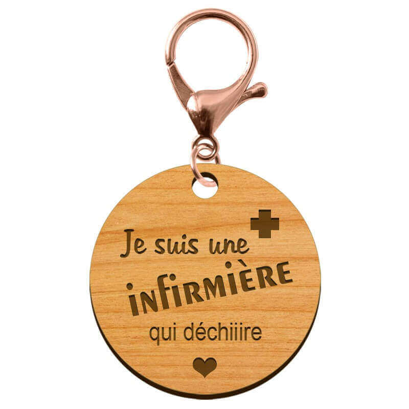 Porte-clef infirmière gravé personnalisé en bois mousqueton rose