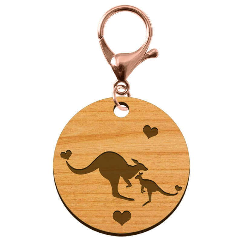 Porte clef personnalisé kangourou rond en bois 45 mm mousqueton rose