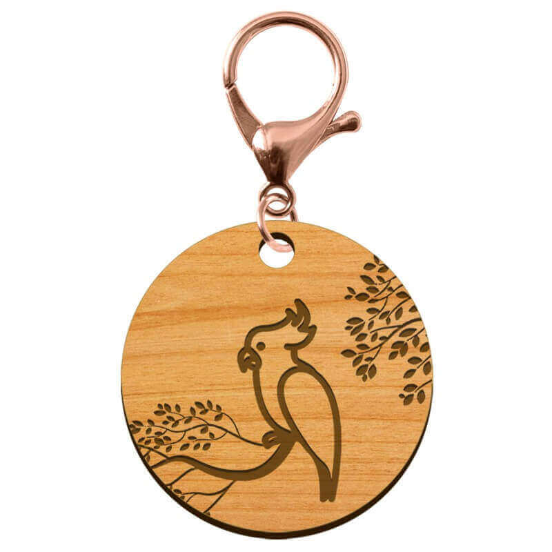 Porte-clef personnalisé rond en bois perroquet 45 mm mousqueton rose métallique