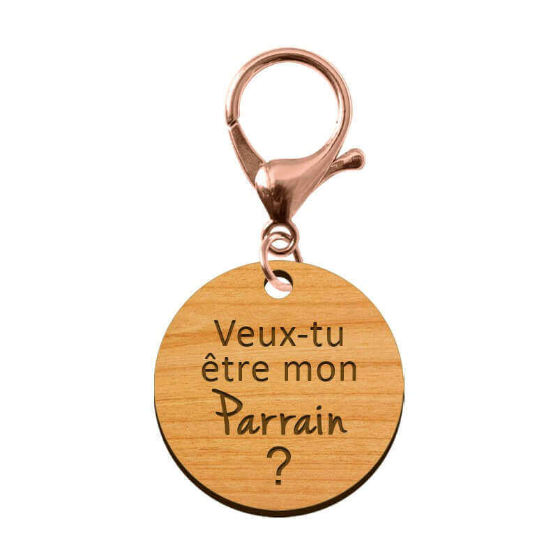  Porte-cléf personnalisé Veux-tu être mon Parrain rond en bois 45 mm avec un mousqueton de couleur rose métallique
