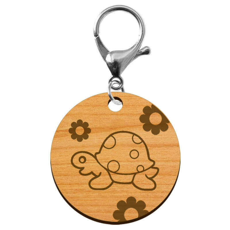 Porte clef tortue rond en bois avec mousqueton argenté