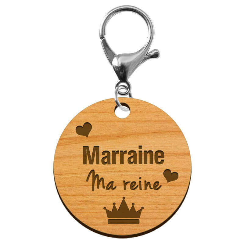 Porte clefs en bois personnalisé Marraine avec mousqueton argenté