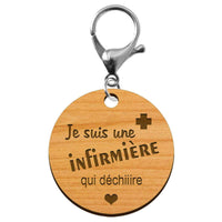 Porte clefs infirmière personnalisé en bois mousqueton argenté