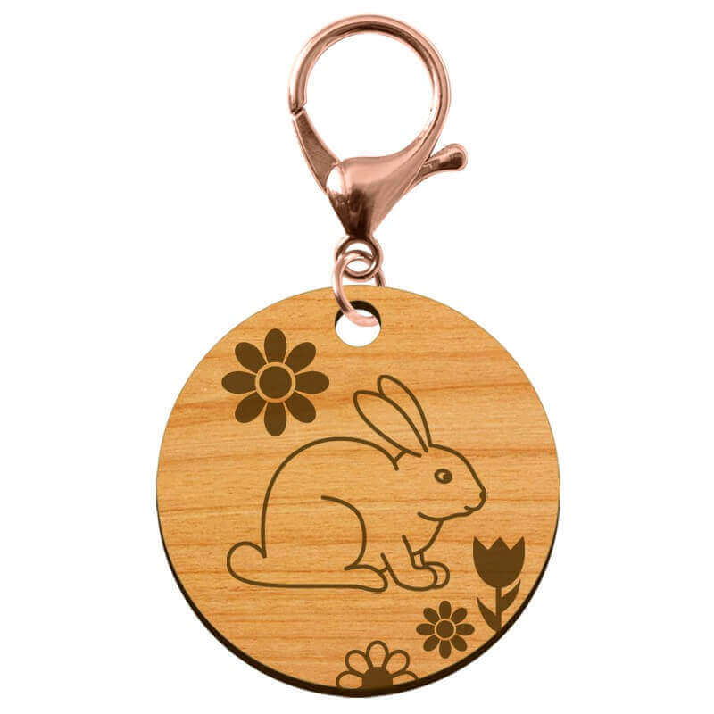 Porte-clefs lapin personnalisé rond en bois mousqueton de couleur rose métallique