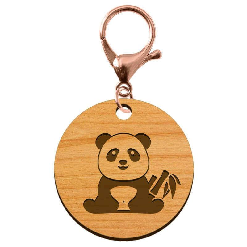 Porte clefs panda personnalisé rond bois mousqueton rose métal