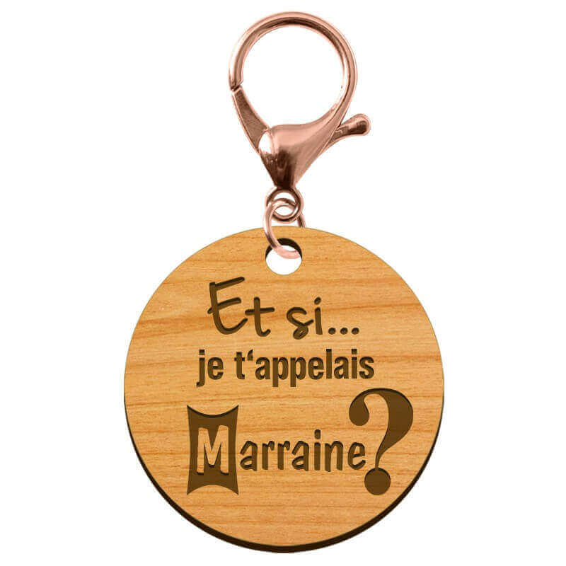Porte-clés annonce Marraine "Et si je t'appelais Marraine?" gravé avec mousqueton rose métallique