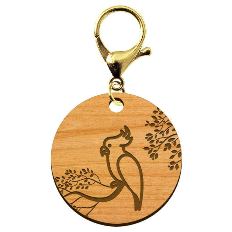 Porte clés artisanal perroquet personnalisé en bois mousqueton doré