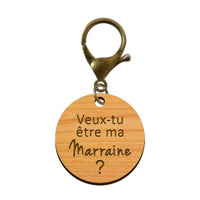 Porte-clés en bois - Veux-tu être ma Marraine avec mousqueton de couleur bronze