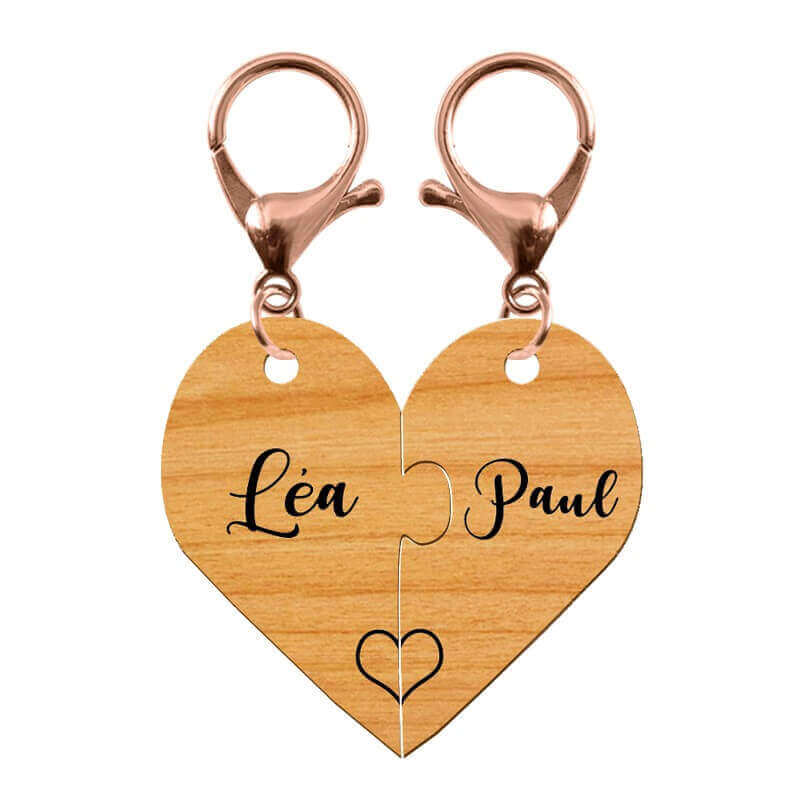 Porte- clés duo séparable bois gravé avec mousqueton rose