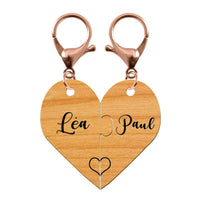 Porte- clés duo séparable bois gravé avec mousqueton rose