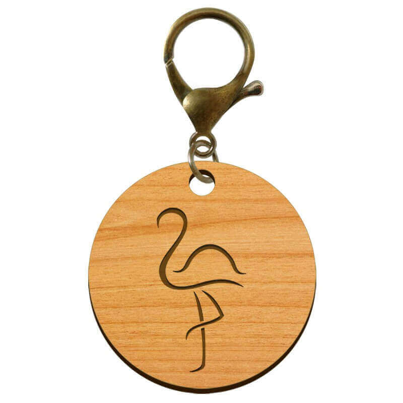 Porte-clés gravé flamant rose en bois 45 mm avec mouqueton de couleur bronze