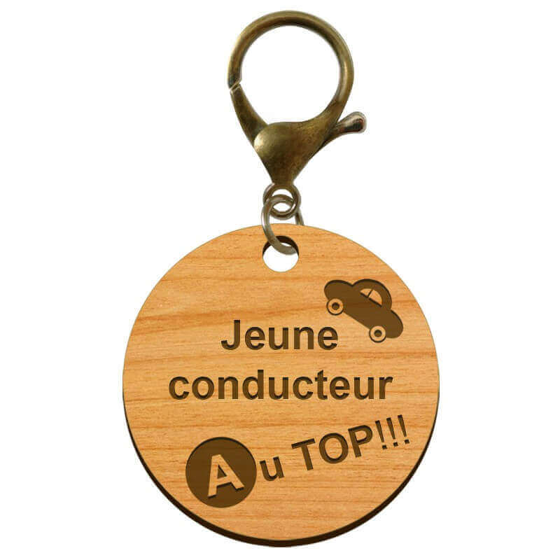 Porte-clés gravé Jeune conducteur AU TOP en bois 45 mm avec mousqueton de couleur bronze