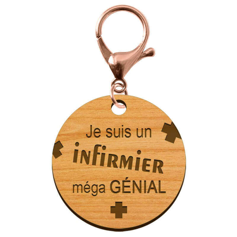 Porte clés infirmier à personnaliser en bois mousqueton rose