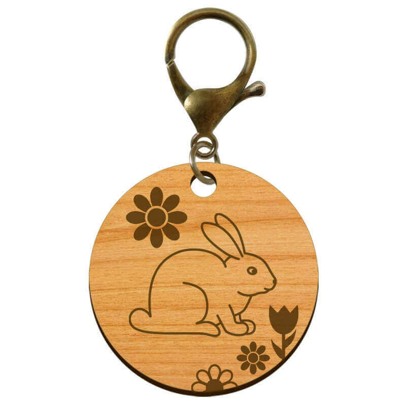 Porte-clés lapin gravé bois mouqueton bronze