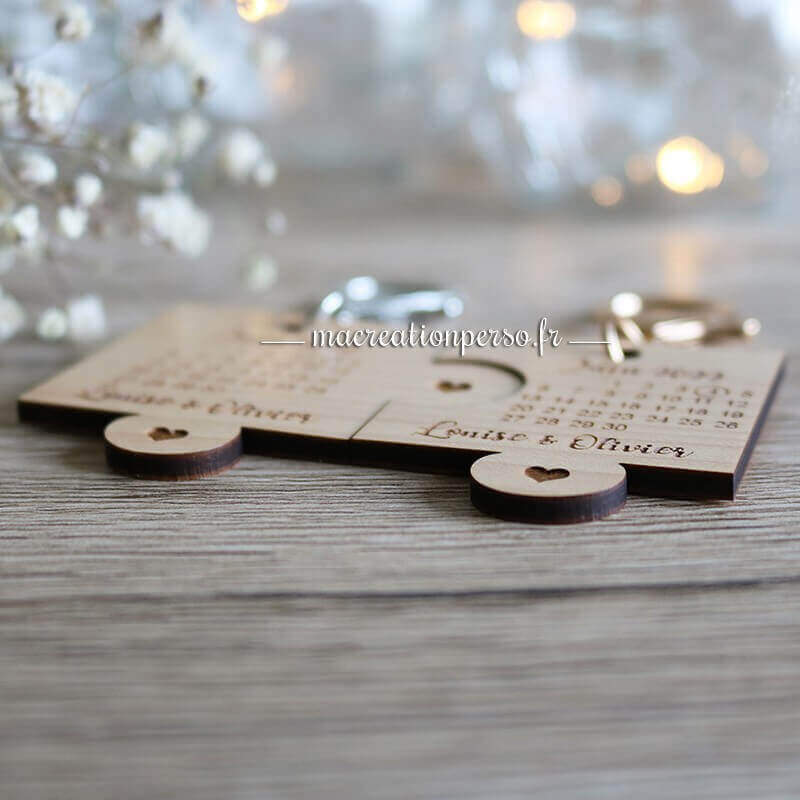 Porte-clés personnalisable puzzle en bois avec mousqueton métal