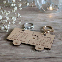 Porte-clés puzzle en bois gravé date et Prénoms