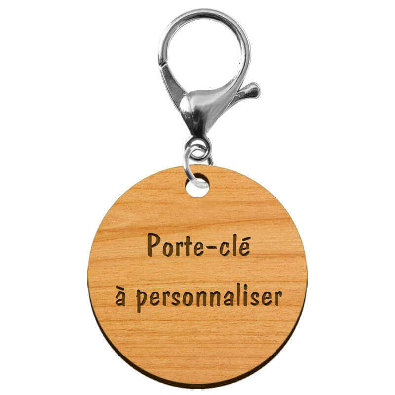 Porte clés rond gravé en bois diamètre 50 mm avec mousqueton de couleur argenté