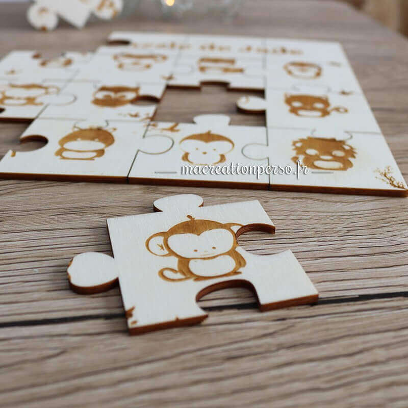 Puzzle bois personnalisé prénom enfant gravé animaux