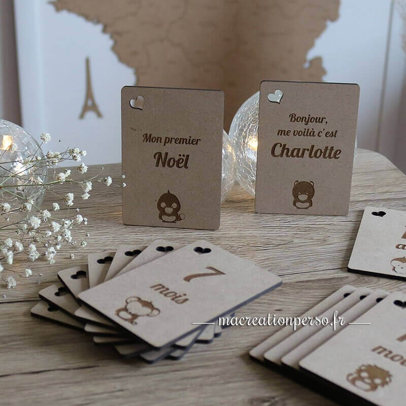 Quatorzes cartes étapes en bois personnalisées  sur le thème des animaux