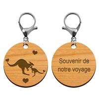 Recto verso porte-clé en bois kangourou mousqueton argenté personnalisé gravé Souvenir de notre voyage