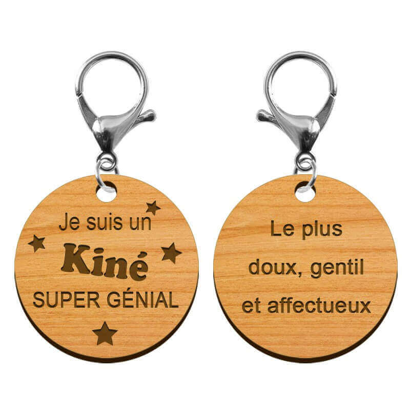 Recto verso porte-clé Kiné personnalisé en bois  "Je suis un Kiné super génial" 