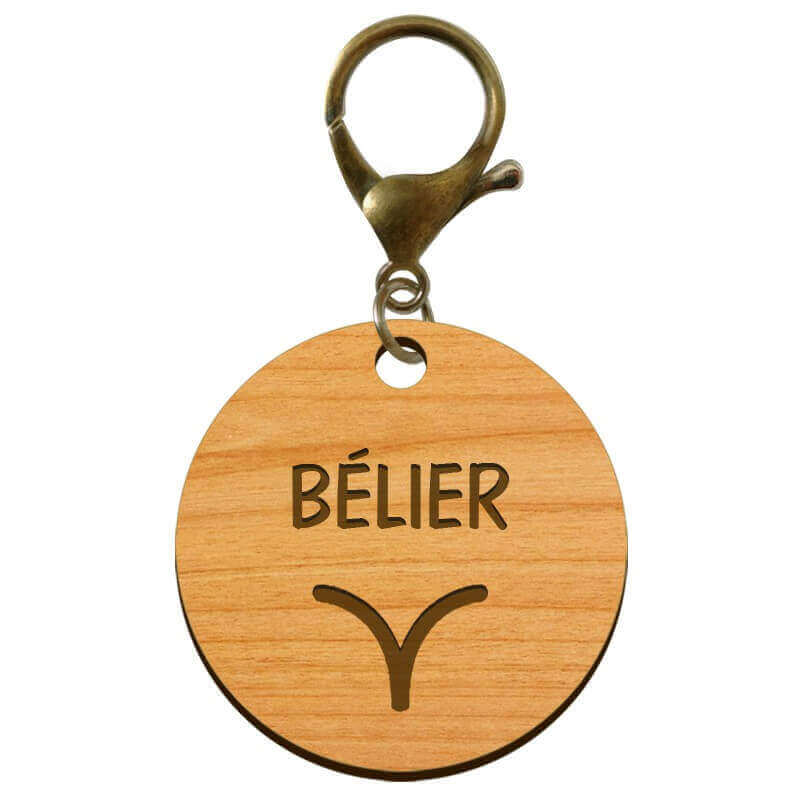 Signe astrologique bélier porte clé en bois personnalisé mousqueton bronze