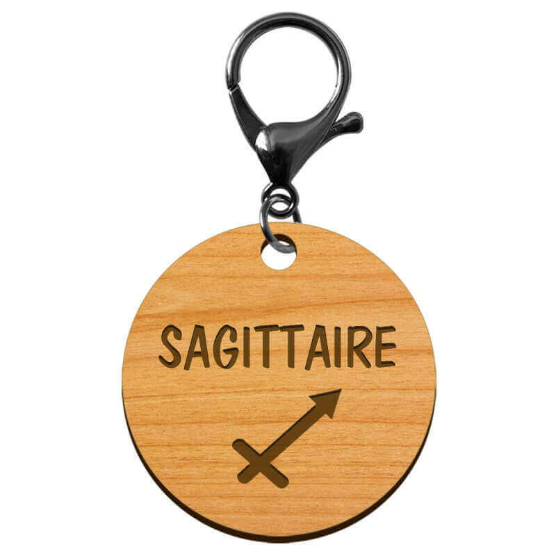 Signe astrologique sagittaire porte clé personnalisable bois mousqueton noir