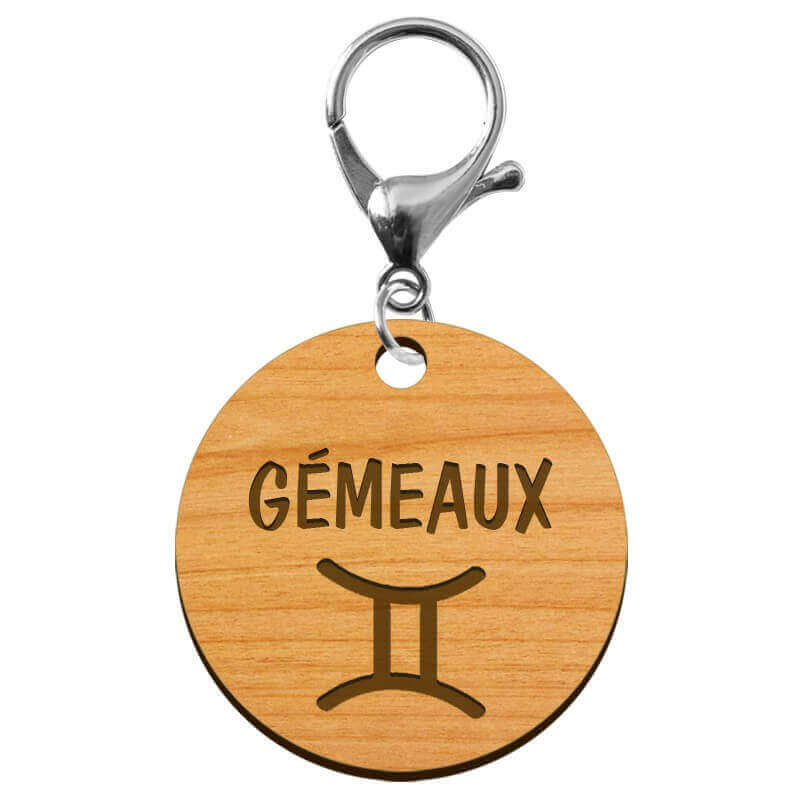 Signe gémeaux astrologique porte clé en bois personnalisé mousqueton argenté