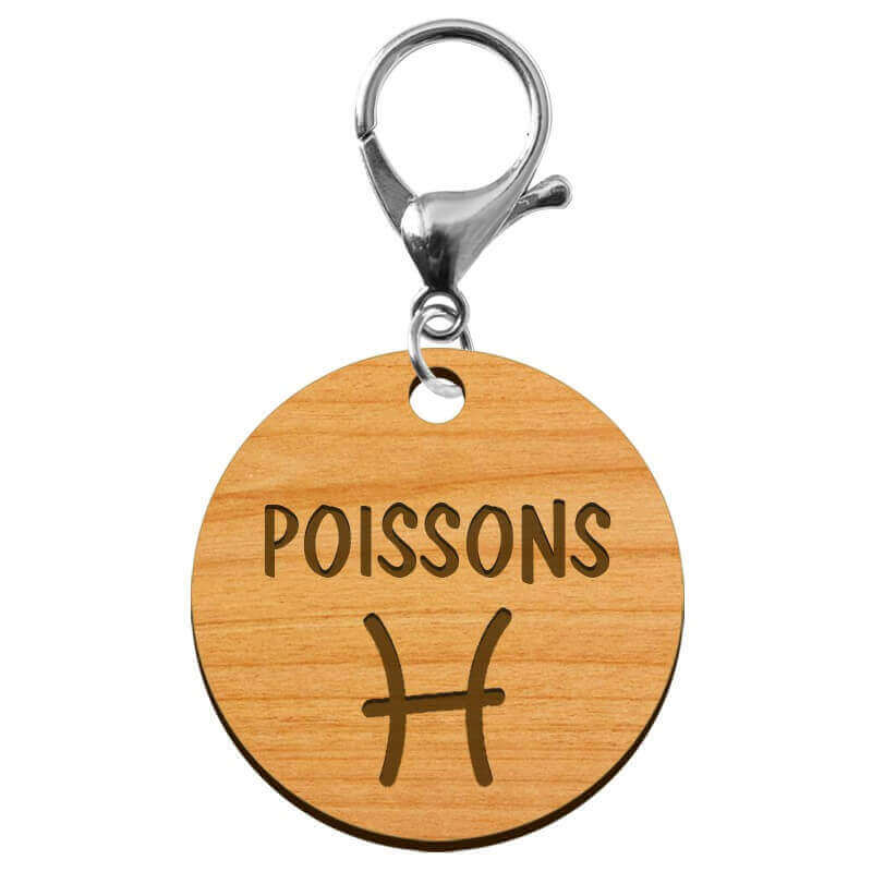 Signe des poissons astrologique porte-clé personnalisé bois mousqueton argenté