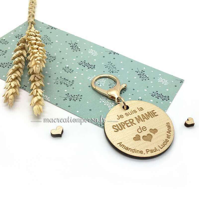 Super mamie cadeau personnalisé porte clef bois mousqueton doré