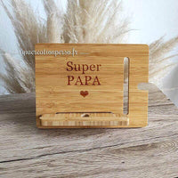 Support pour tablette bois bambou personnalisé sur pied gravé super papa cœur