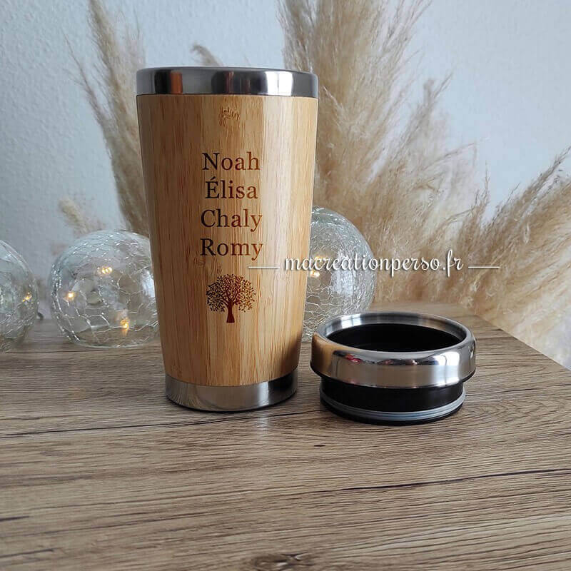 Thermos isotherme alimentaire mug café thé repas chaud personnalisé en bambou