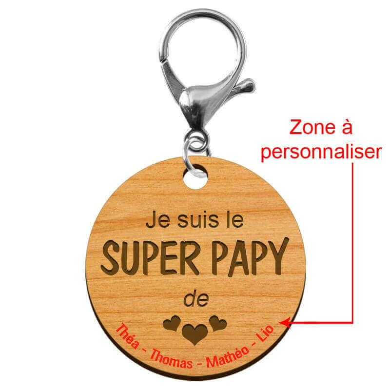 Zone à personnaliser du porte-clé Super PAPY personnalisé en bois "Je suis le SUPER PAPY de..."