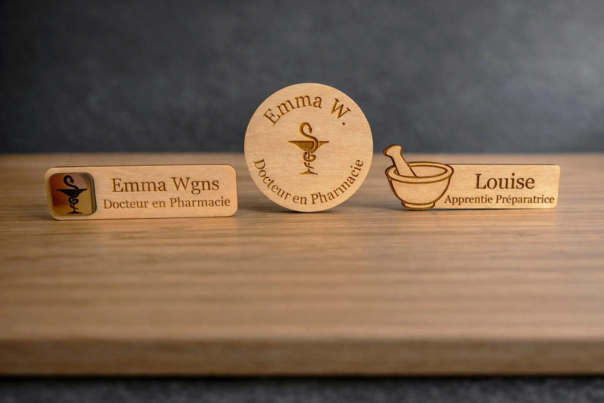 badge personnalisé en bois avec prénom gravé